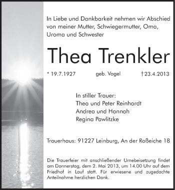 Traueranzeige von Thea Trenkler von Pegnitz-Zeitung